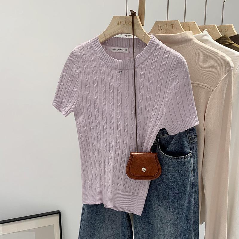 

Женская футболка с узором из пеньки в корейском стиле, однотонная трикотажная футболка - короткий рукав, круглая горловина, прямые плечи, весна/осень 2024 г. Extra Large