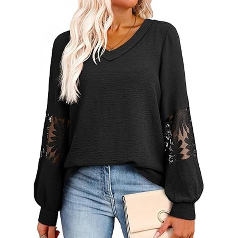 New Spring and Autumn Women's V-neck Long-sleeved Lace Fashionable Casual Tops