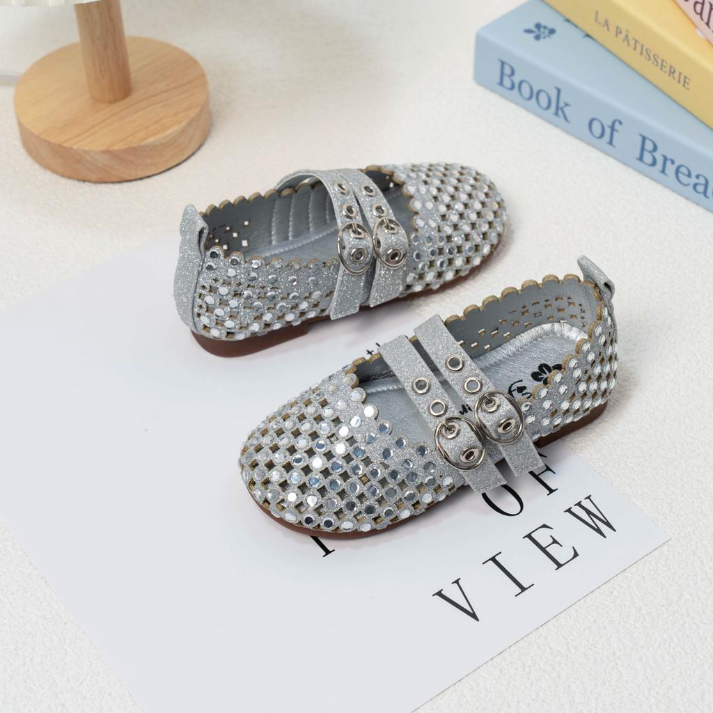Girls Flat Shoes Shiny Crystal Cut-outs Children Princess Dance Shoes Soft Sole 2025 Summer New Kids Leather Shoes Sweet Cute