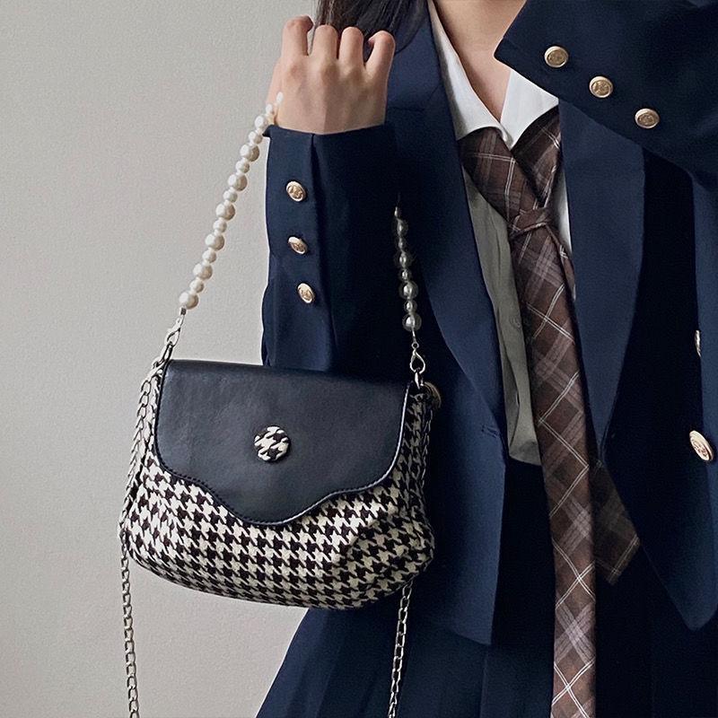 Niche Design Contrasting Color Chain Underarm Bag for Women's High-end Houndstooth Pearl One-shoulder Crossbody Bag New Trend