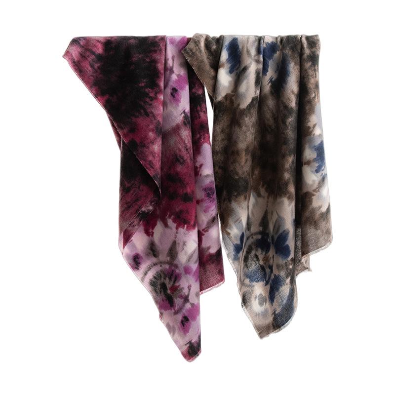 Imitation Cashmere Scarf High End Women's Autumn and Winter Retro Purple Flower Print Warm Outer Shawl