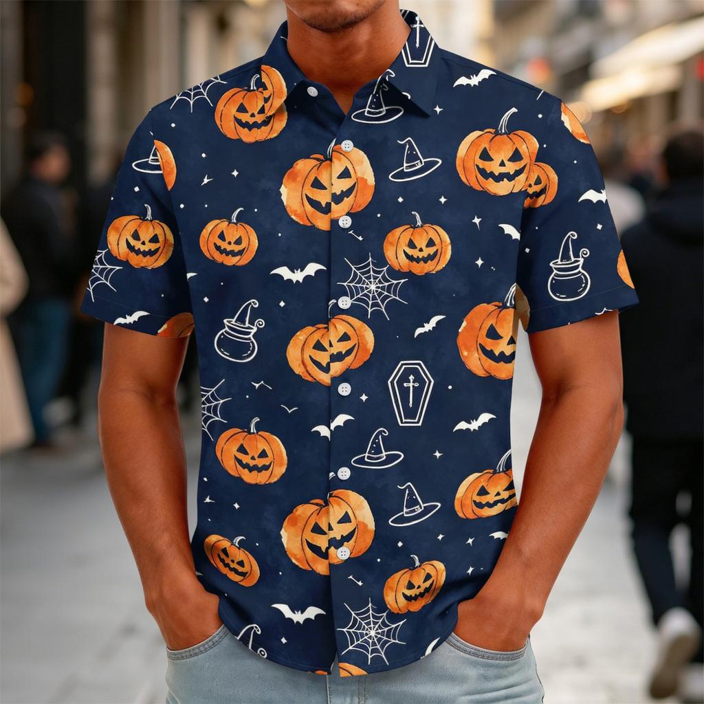 Men's Halloween Print Vintage Button Down Cardigan Shirt - Loose Fit Breathable Summer Casual Streetwear Top