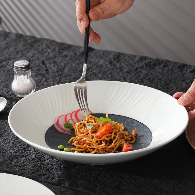 High-End Multi-Color Ceramic Dinnerware Set: Western Plates, Soup Bowls, Salad Bowls, and Wide-Edged Flat Plates for Commercial Use.