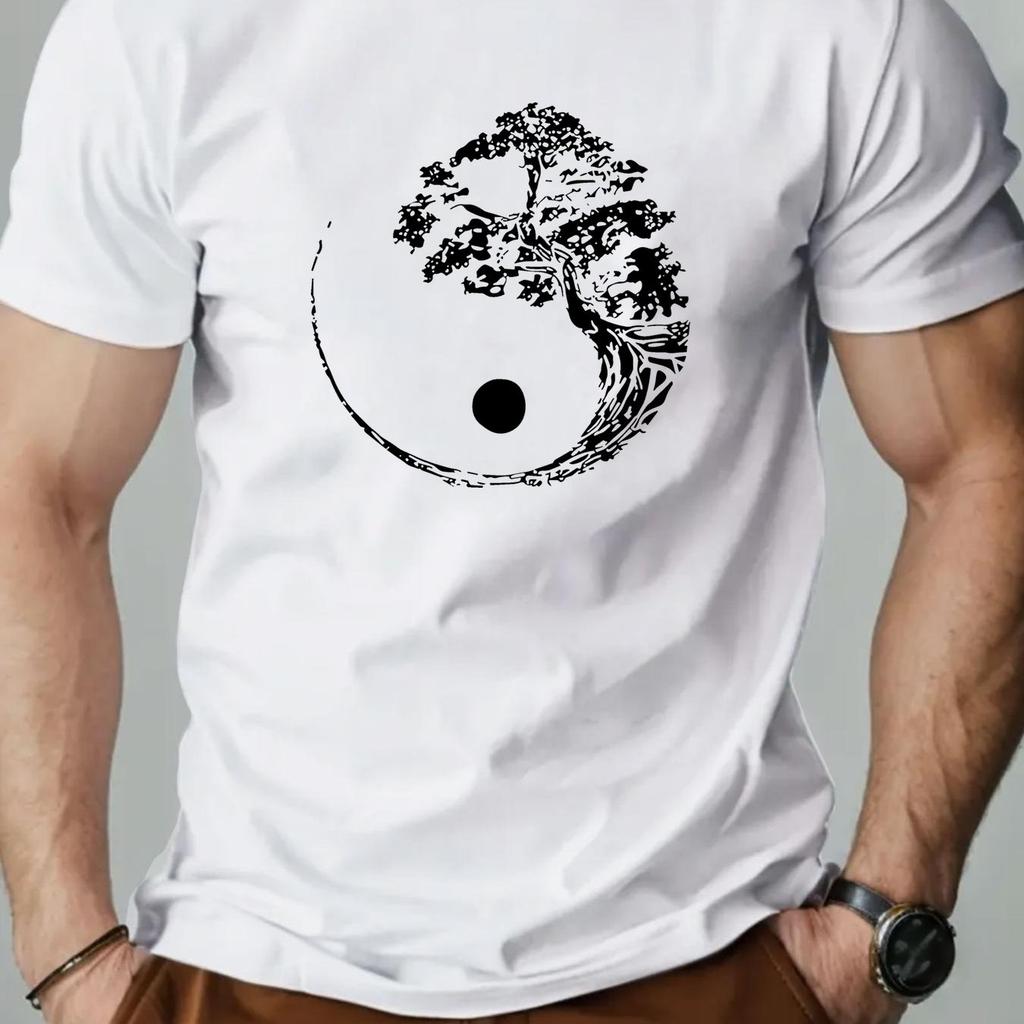 Men'S Casual Crew Neck T-Shirt with Tree Pattern  Slight Stretch Regular Fit Solid Color Men Clothing Comfortable