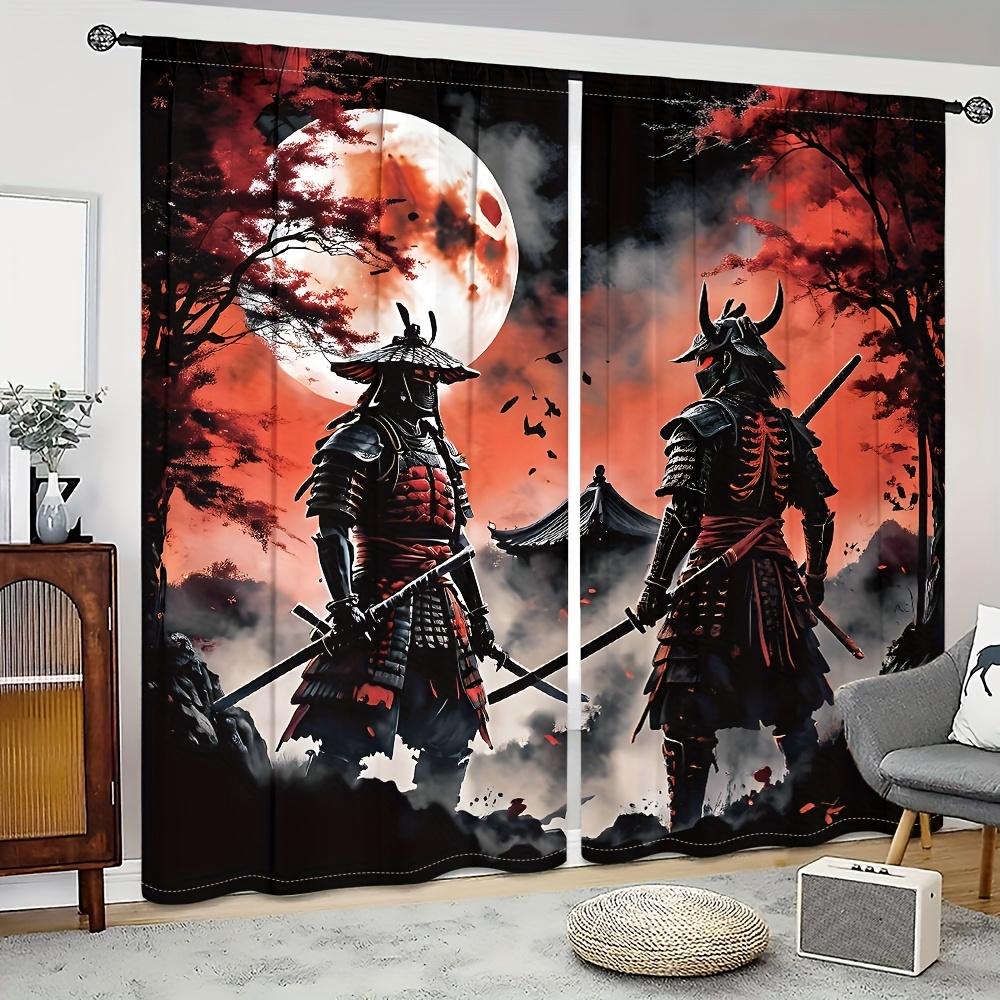 2pc Black Samurai Moon Curtains – Red & Black Anime Style   Rod Pocket   Light-Filtering for Living Room   Bedroom & Kitchen
