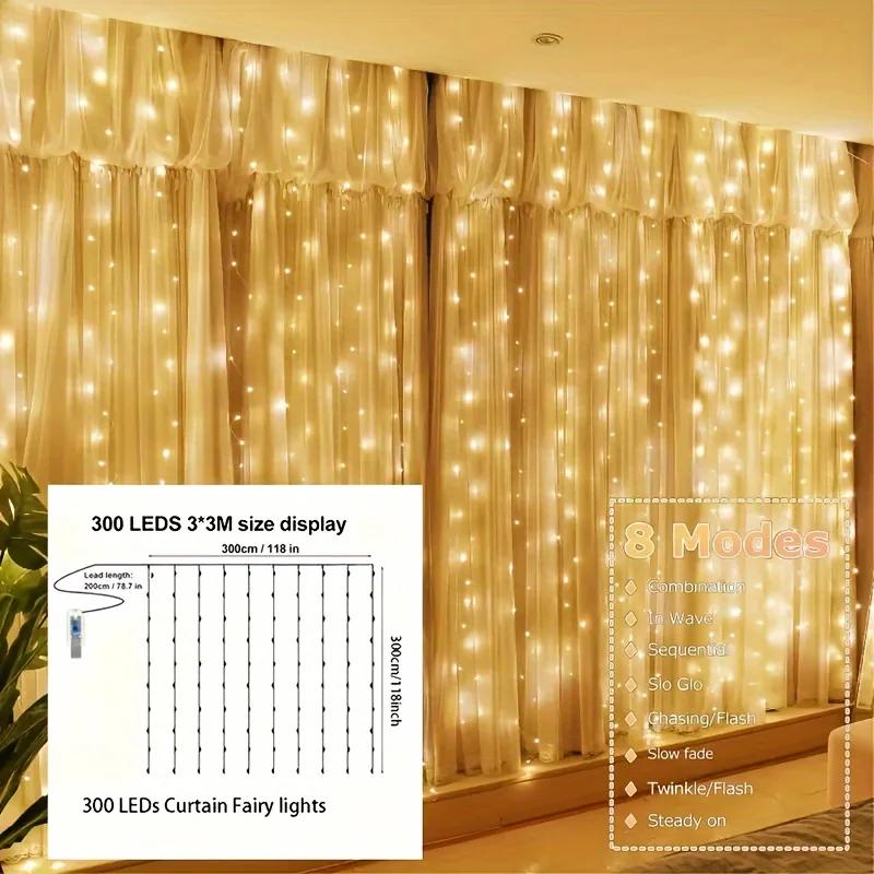 300 LED Fairy Light Curtain USB Remote Control 8 Modes String Lights Christmas Wedding for Bedroom Wedding Party Xmas Decoration