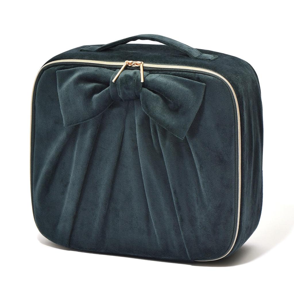Francfranc Velvet Ribbon Makeup with and Adjustable Cosmetic Mini Dresser Bag, Green, Dividers, Mirror, Angle, Box,