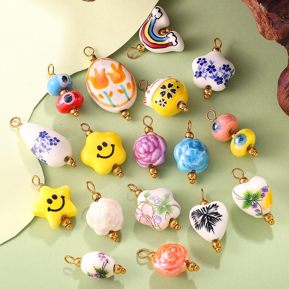 European and American sweet and cool style DIY dopamine ceramic pendant stainless steel plated 18K gold creative jewelry collection
