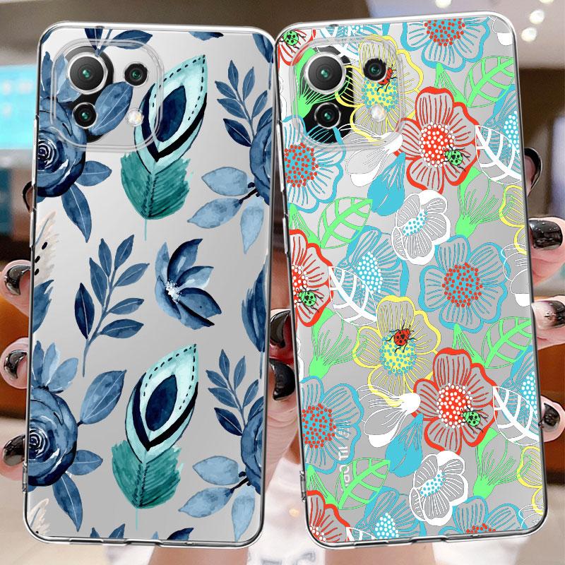 Dark Blue Flower Floral Clear Case For Xiaomi Poco X3 Nfc X3pro M3 F1 F3 For Mi 11 12 13 11x 12x Pro 11 10 Lite 11t 10t Pro