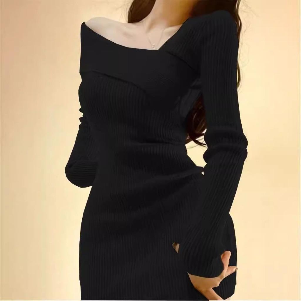 New Year's Pure Desire Spice Girl Hip Skirt Autumn and Winter Women's Inner Skirt Slant Shoulders Foreign Style Slim Waist Short Long Sleeve Dress