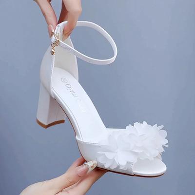 Sandali da Donna Estate Cinturino con Fibbia Tacco Quadrato 7CM Bocca Bassa Fiore Testa Rotonda Sposa Matrimonio Tessuto di Seta Scarpe da Donna