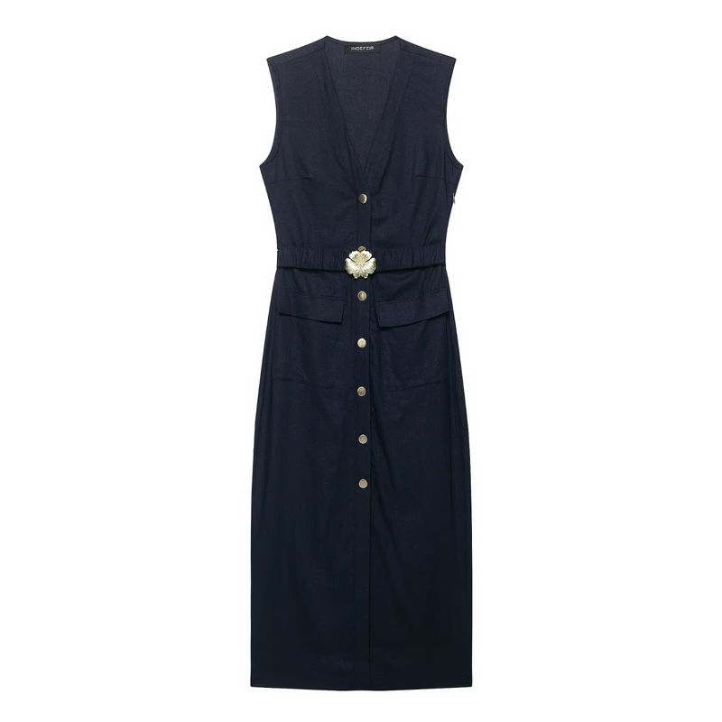 Kaslead New Women clothes Western Style Simple Slim fit With Belt Midi Dress 8208709