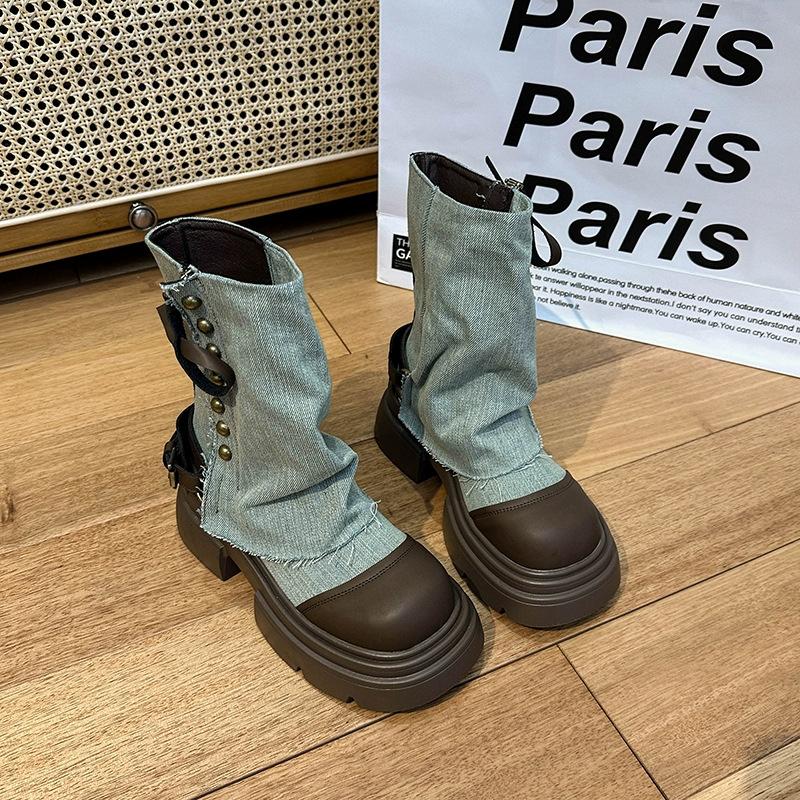 Design sense niche denim trouser boots women's spring and summer new medium tube cigarette casual thick-soled Martin boots