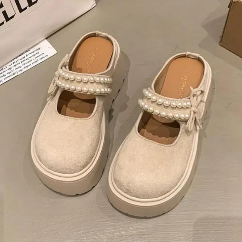 

Shoes Woman 2025 Cover Toe Loafers String Bead Butterfly-Knot House Slippers Platform Luxury Slides Designer Butterfly-knot 35 бежевый