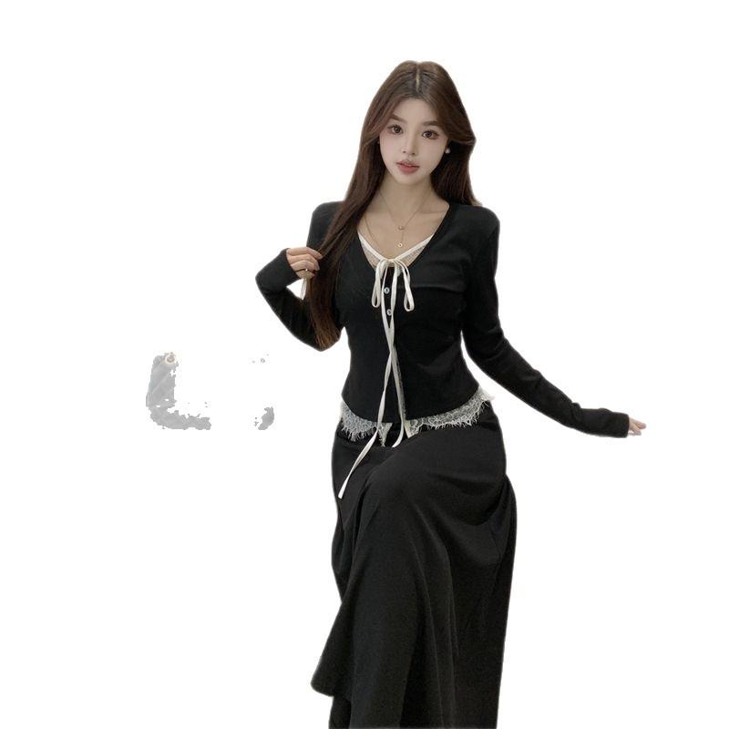 The new autumn French black long-sleeved dress women's clothing is popular this year, and the long dress is a suit.