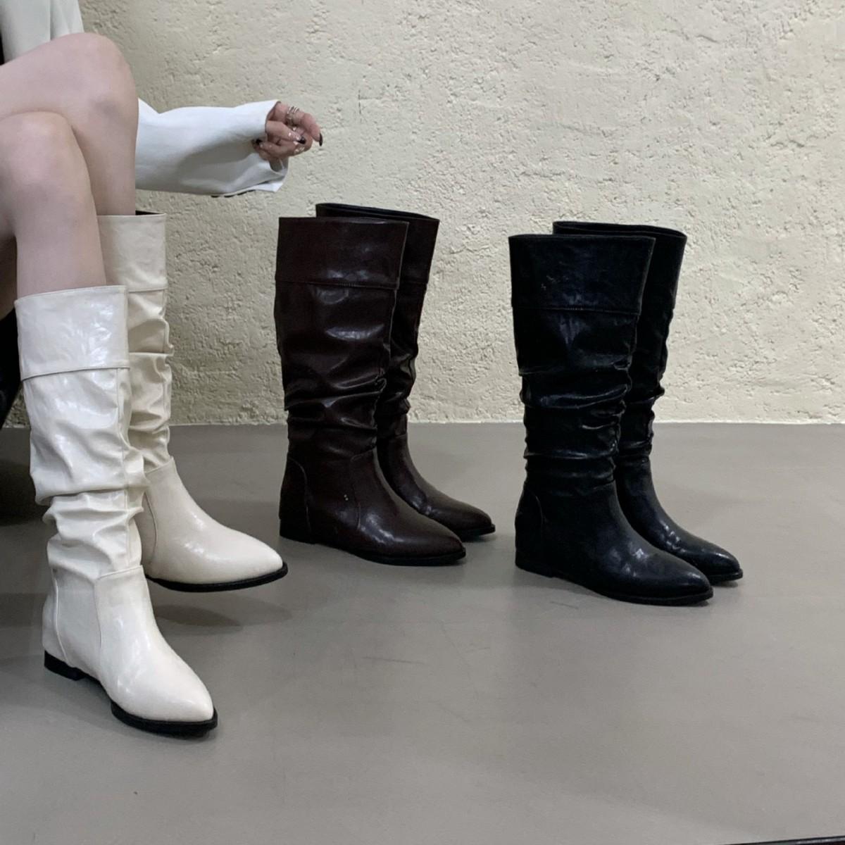 

2025 new autumn and winter pleated stacking boots round head inner height increasing knight women s boots 39 бежевый