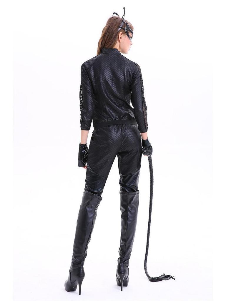 Plus Size Catwoman Halloween Jumpsuit with Pockets - European & American Nightclub Stage Costume