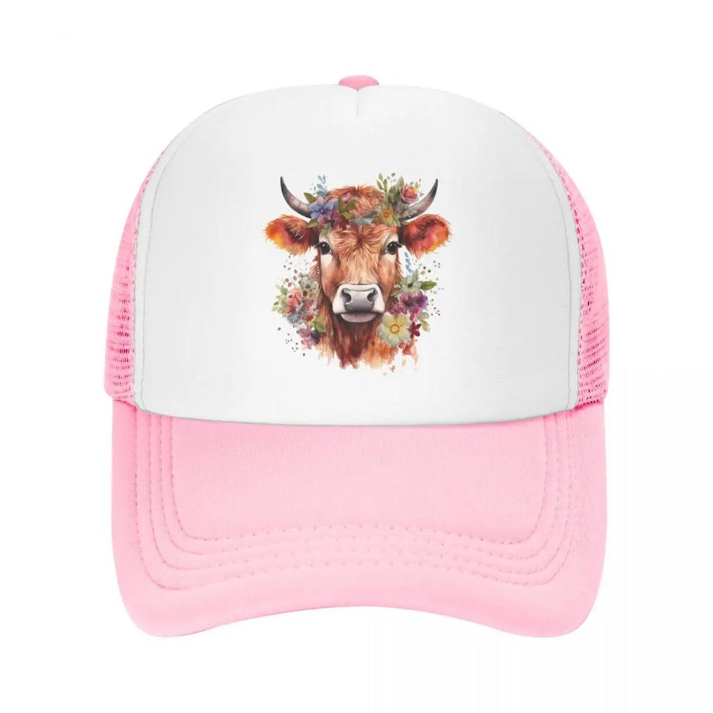 Custom Fashion Highland Cow And Flower Baseball Cap Women Unisex Breathable Trucker Hat PerforUnisexce Snapback Caps