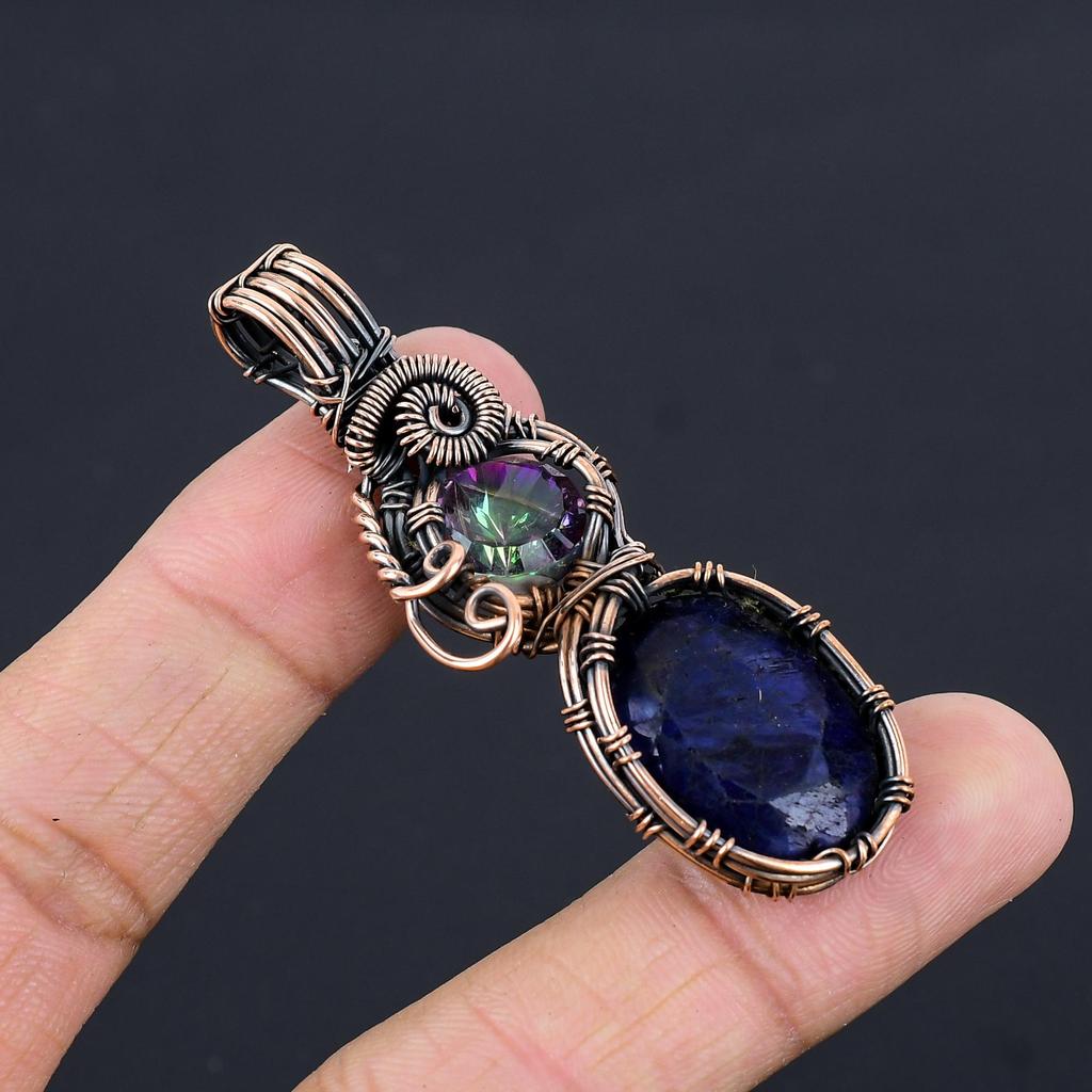 Blue Sapphire Pendant, Handmade Gemstone Pendant, 999 Copper Wire Wrapped Pendant Antique Jewelry, For Engagement Gift