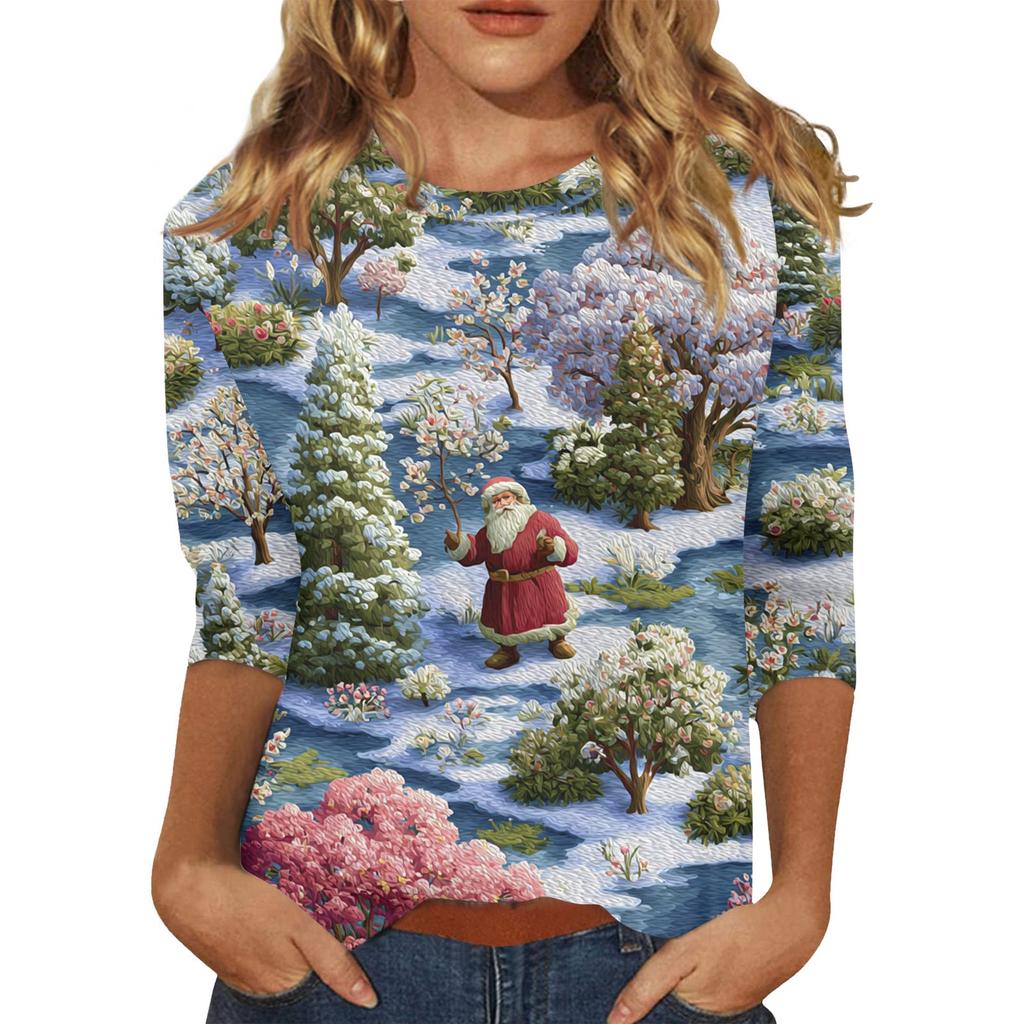 3/4 Sleeve Shirts For Women Print Christmas Tees Blouses Casual Plus Size Basic Tops Pullover