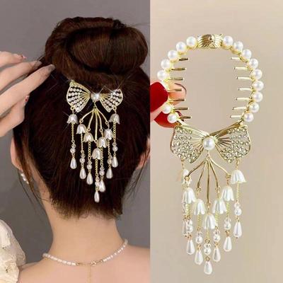Fashion Pearl Flower Tassel Hairpin Women's Creative  Bow Bell Claw Elegant Crystal Ponytail Buckle Accessories Luxury Hair Clip