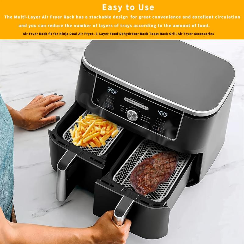 Edelstahl-Luftfritteusen-Rack, 3-stufiger Dörrkorb, ofenfester Kochrost, spülmaschinenfest, runder Grillrost, langlebiges, leicht zu reinigendes Zubehör