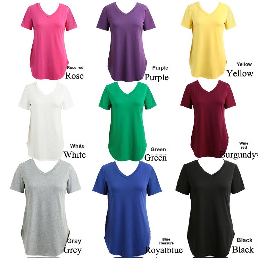 Summer Women's V-Neck Short Sleeve Loose T-Shirt with Rounded Hem, Plus Size Solid Color Cami Top