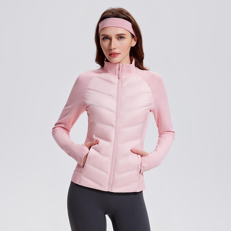 Three-proof sports down jacket women's outdoor running windproof and warm fitness top light and slim stand-up collar ribs jacket