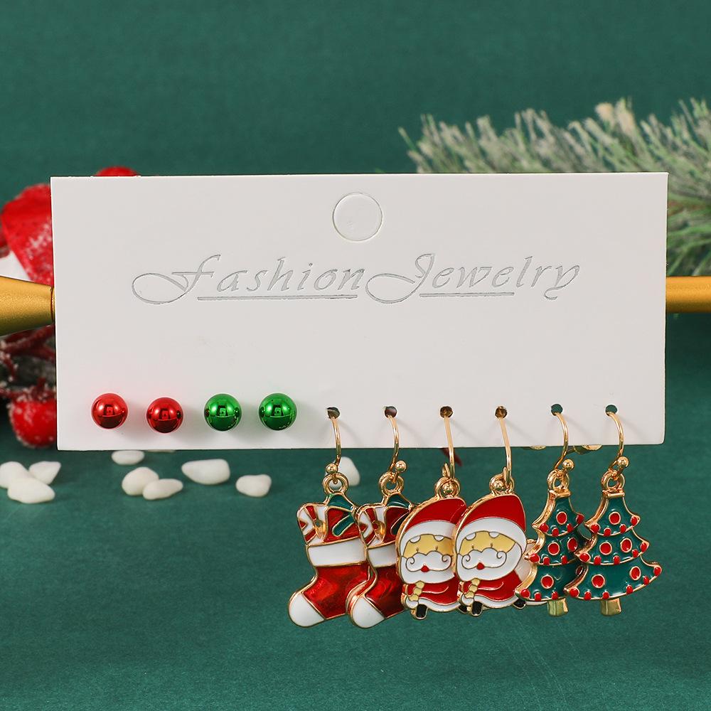2026 fashion Christmas accessories 5 pairs of card earrings 2025 oil dripping red and green Christmas tree snowman earrings wholesale