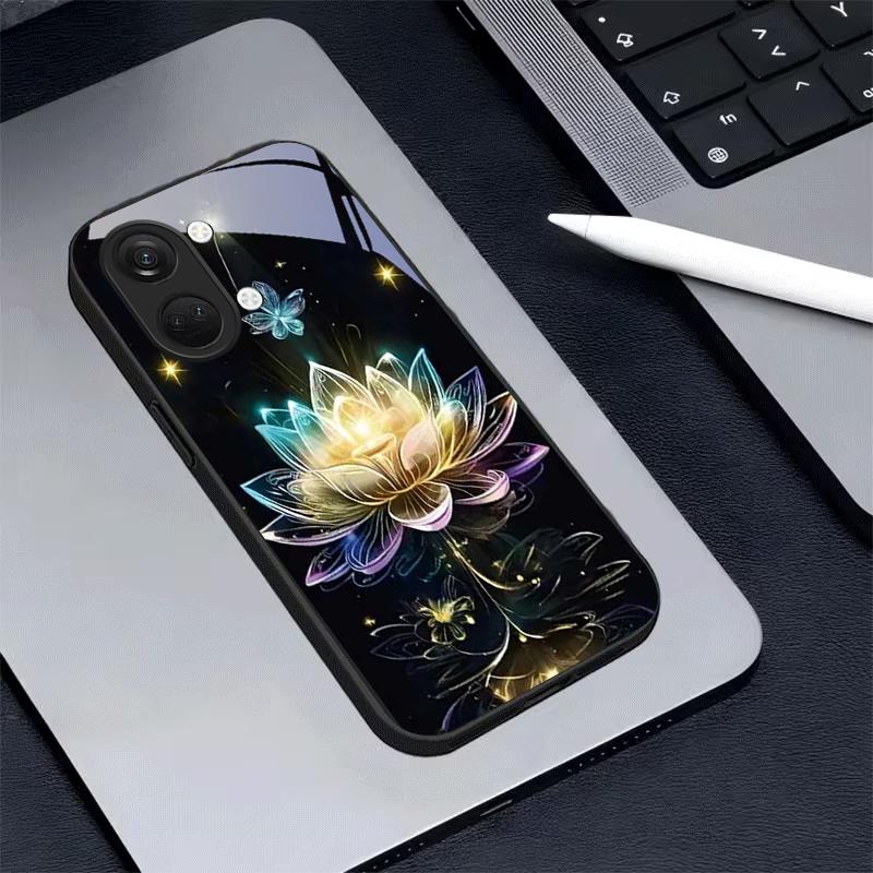 tellar Luminescence Lotus Black Glass Phone Case For OnePlus Ace 2 3 5 Pro Nord CE 2T 2 3 Lite 6 7T 8 9 10 Pro 11R 12R 13R Cover
