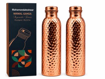 Botella de Agua Nirmal Ganga Cobre Martillado Puro - Diseño Martillado, Capacidad de 1 Litro, Cobre Puro Premium Shudh, Excelente Calidad de Exportación // Paquete de 2