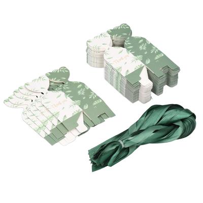 50Sets Green Gift Box with Ribbon THANK YOU Leaf Pattern Candies Boxes Party Favors for Gift