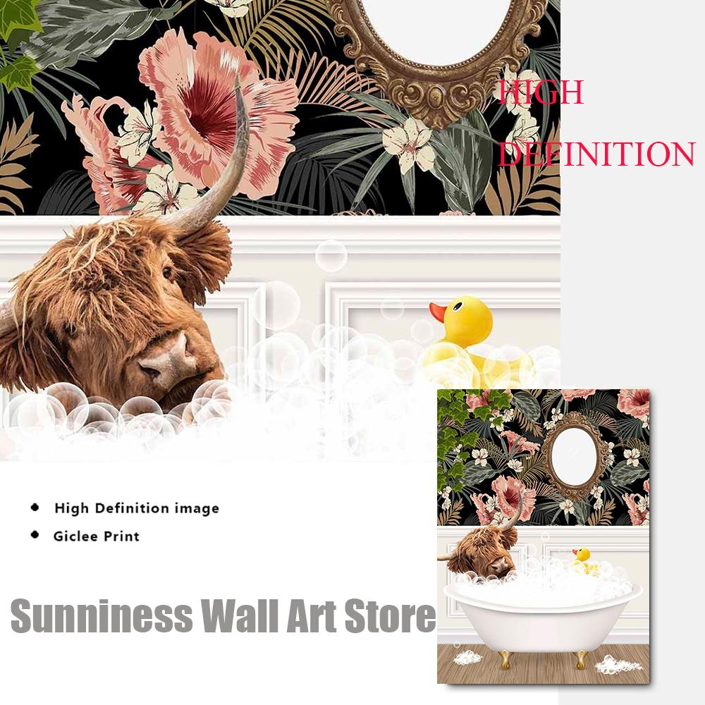 Animal Highland Cow In Bathroom Wall Art Canvas Painting Posters Botanical Library Monstera Leaf Print For Coffee Bar Home Decor
