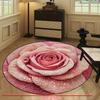 Elegant Pink Rose Round Rug with Dewdrops Non-Slip Machine Washable Floor Mat 2D Flat Aesthetic Floral Carpet for Bedroom Girls Room