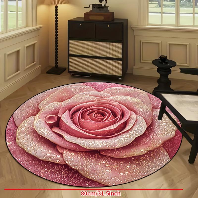 Elegant Pink Rose Round Rug with Dewdrops Non-Slip Machine Washable Floor Mat 2D Flat Aesthetic Floral Carpet for Bedroom Girls Room