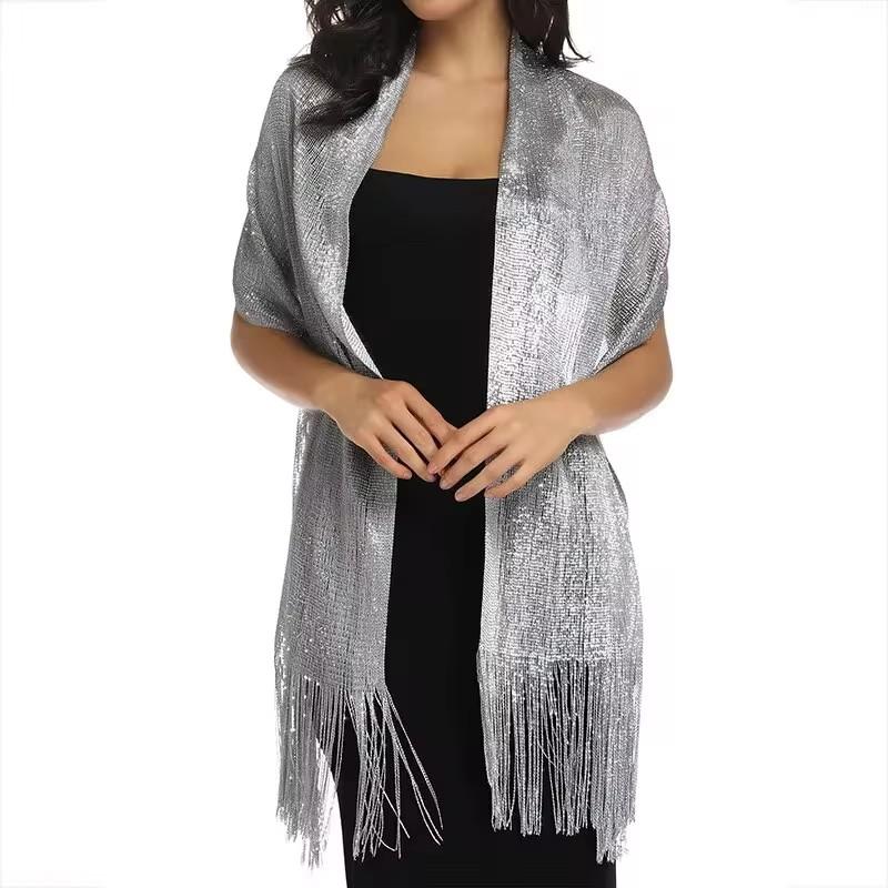 Gold Thread Tassel Scarf With Buttons Shawl For Women Luxury Glitter Silver Scarves Ladies' Fashionable Simple Party Shawls