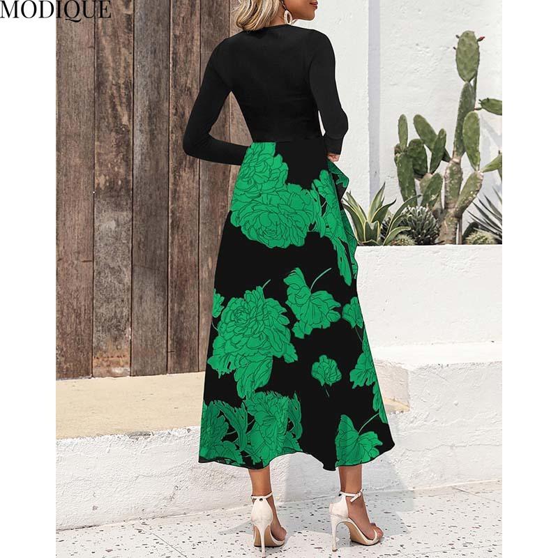 MODIQUE 2025 Spring New Women's Casual Vintage Floral Printing Patchwork Long Dress Ladies A-Line Long Sleeve O-Neck Dress
