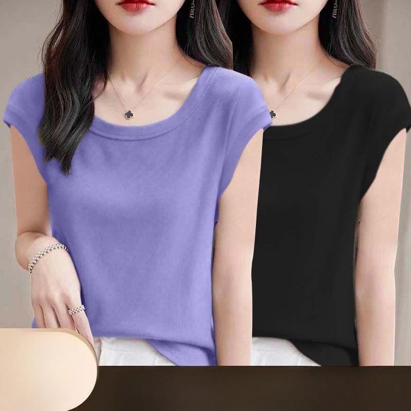 Women Modal T Shirt Short Sleeve Summer Slim Fit Flutter Sleeve Round Neck Comfortable Casual Tee