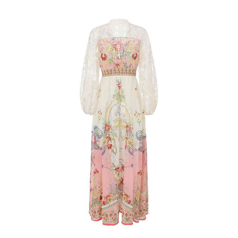 2026 Spring/Summer Resort-Style V-Neck Puff Sleeve Lace-Panel Printed Long Maxi Dress