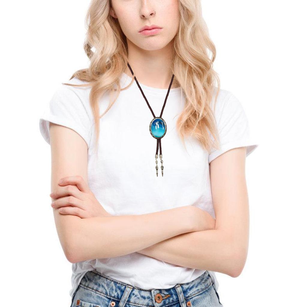 Western Vintage Braided Rope Bolo Tie with Oval Shape Stone Pendant Adjustable Cord Necktie Jewelry Necklace for Men