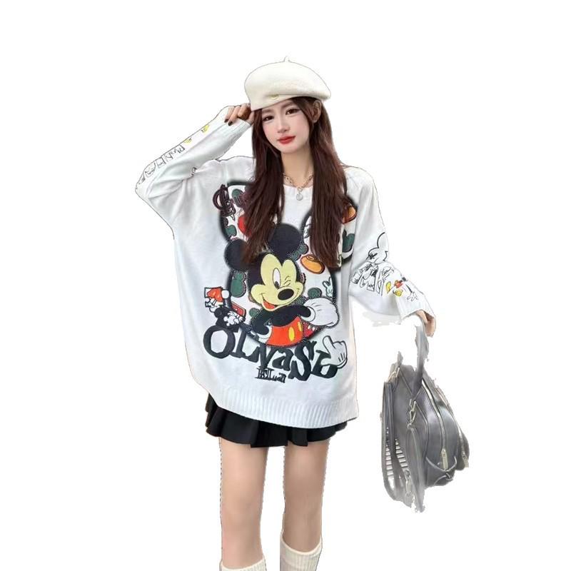 Women's Cartoon Print Round Neck Sweater - Long Sleeve, Hot Drilling, Loose Fit, Plus Size Knit Top for Spring/Autumn Korean Style.