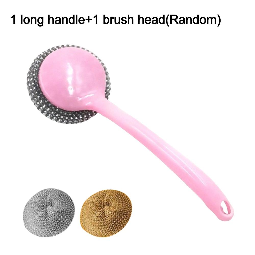 New Long Handle Cleaning Ball Non-stick Oil Oil Removal Steel Wire Ball Brush Multi-function Pot Washing Brush Kitchen Accessory розовый