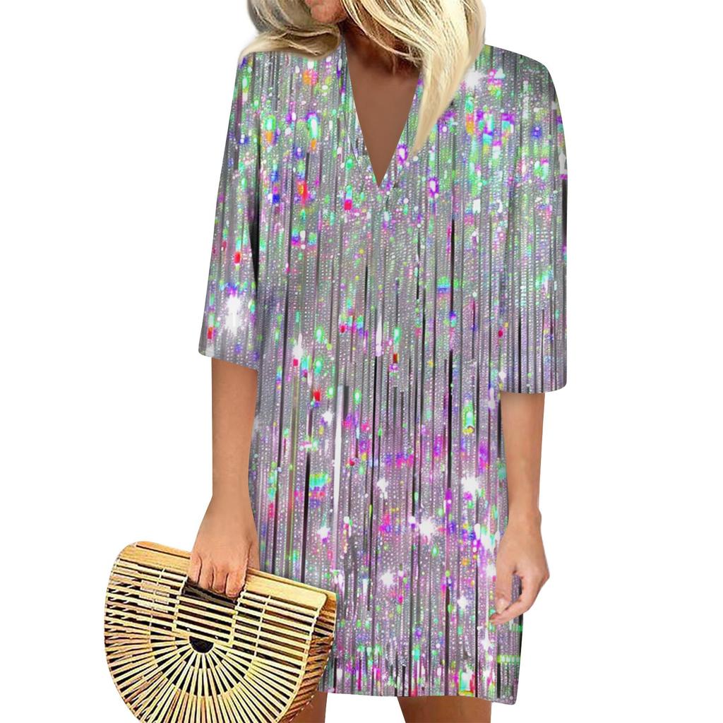 Summer Dresses For Women Fashion Casual Printed Loose V Neck 3/4 Sleeve Dress