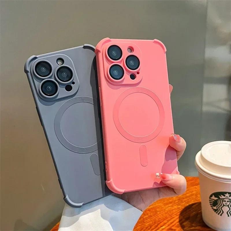 For Magsafe Phone Case for iPhone 15 Pro Max 14 Plus 13 Pro 12 11 Pro Max Airbag Silicone Shockproof Soft Cover for iPhone 15 Plus 14 Lens Protector