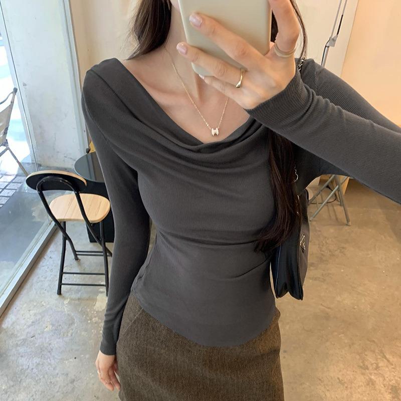 Premium sense one-word shoulder swing collar slim-fitting bottoming shirt women's spring sweet and spicy versatile top long-sleeved shirt