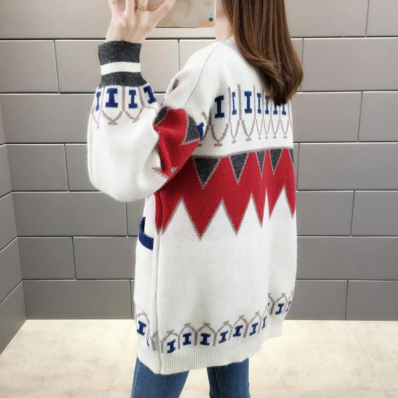 Lazy Jacquard V-Ausschnitt Langarm Warm Loose Sweater Cardigan Damen Strick Loose Sweater Jacke Wild Knit Cardigan