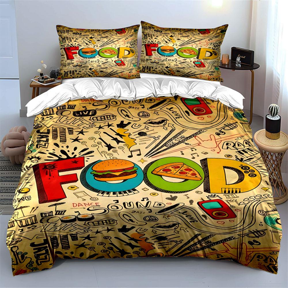 Burger, pizza, music doodles. Bedding sets Duvet cover sets Duvet covers Pillowcases(1 * Duvet Cover 2 * Pillowcases without duvet insert)