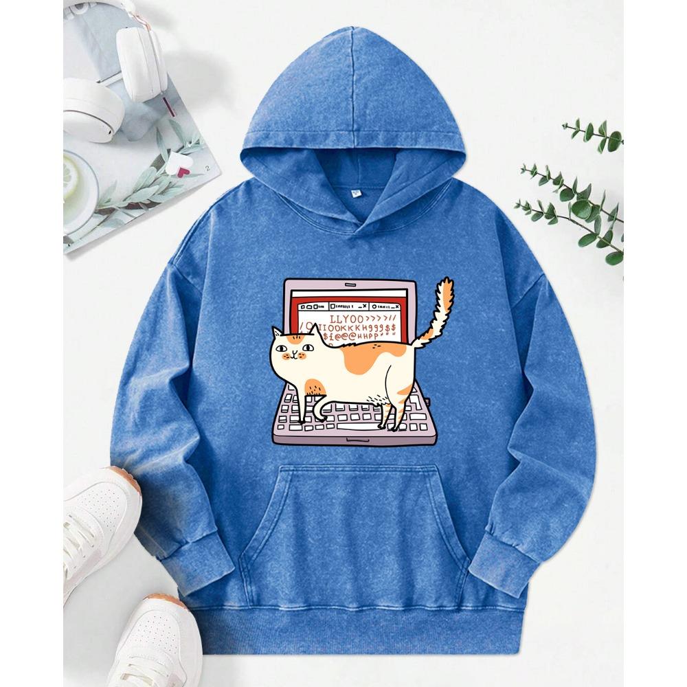 Cats Walking On Computer Keyboards Prints Washed Hoodies Women Cotton Fashion Clothes Autumn Loose Hoody