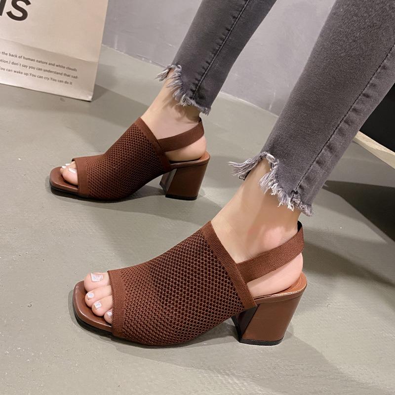 Fish mouth hollow flying woven high heel thick heel sandals women's rear empty word with large size square head women's sandals