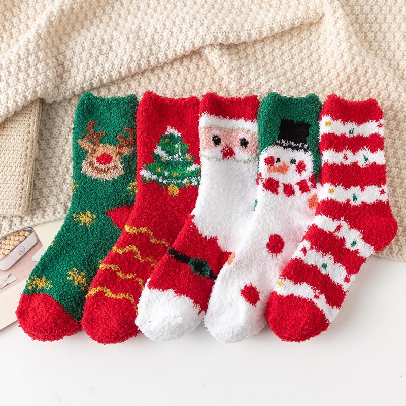 Cozy Coral Fleece Christmas Socks: Velvet Santa Half-Sided, Warm Floor Stockings for Autumn & Winter